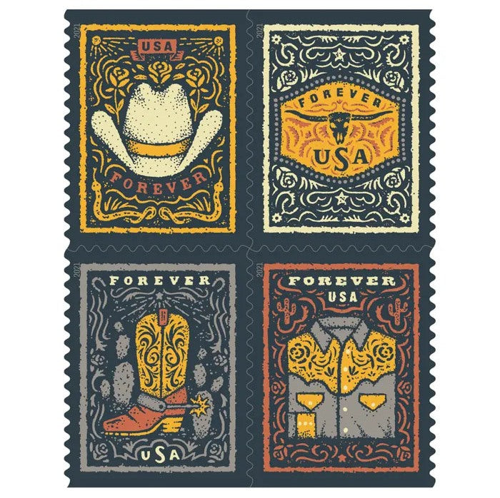 Western Wear 2021 Forever Stamps — Four Cowboy Icons, Pane of 20