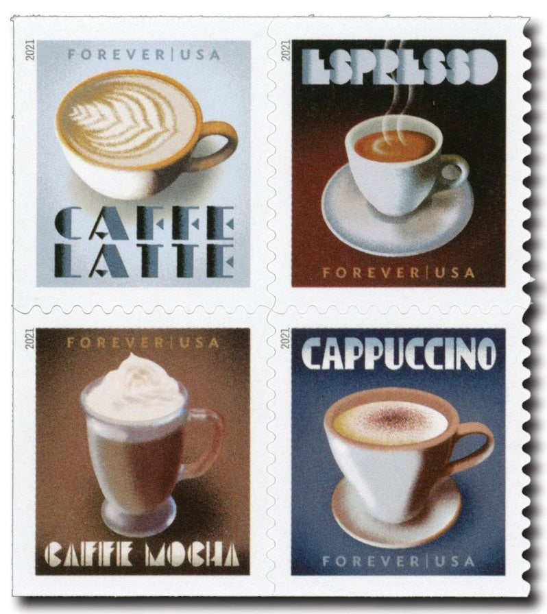 Espresso Drinks 2021 Forever Stamps — Coffee Set, Double-Sided Booklet of 20