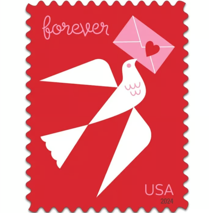 2024 Love Forever Stamps — Stylized Bird and Envelope, First-Class Postage
