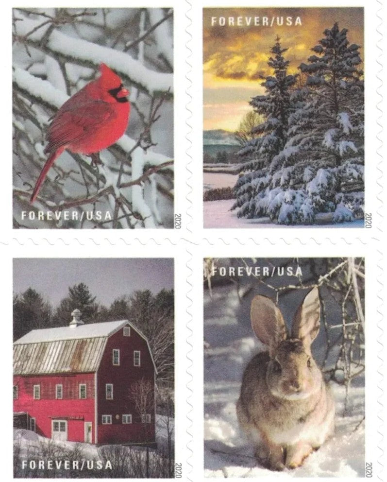 Winter Scenes 2020 Forever Stamps — Red Barn in Snow, Ten Designs