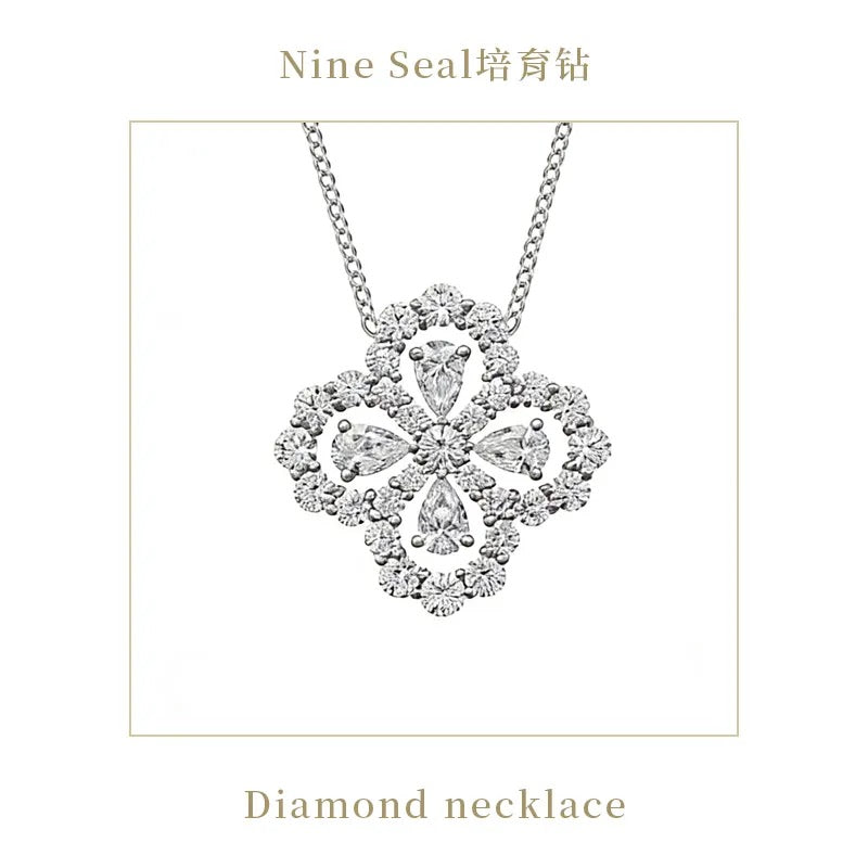 Lab Diamond 14K White Gold Four Leaf Clover Pendant VSSI D E F Quatrefoil Pendant -Four Petal Flower Bloom Floral Necklace Gift for Her