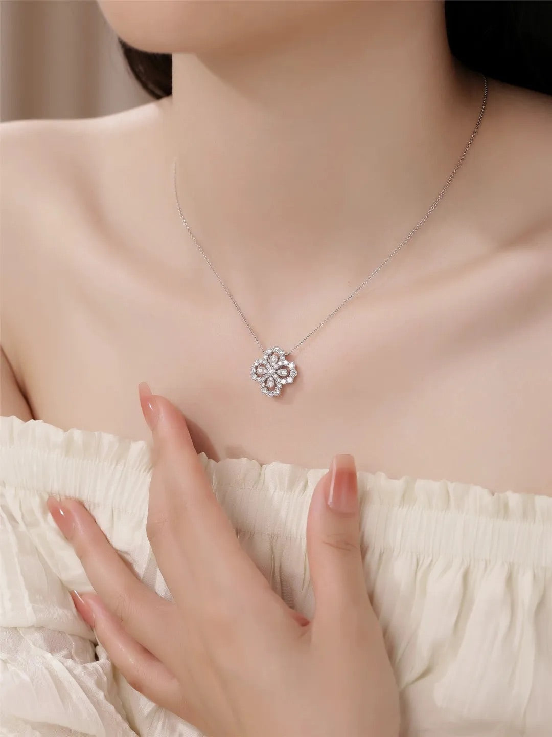 Lab Diamond 14K White Gold Four Leaf Clover Pendant VSSI D E F Quatrefoil Pendant -Four Petal Flower Bloom Floral Necklace Gift for Her