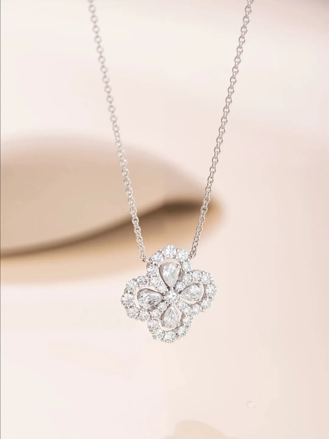 Lab Diamond 14K White Gold Four Leaf Clover Pendant VSSI D E F Quatrefoil Pendant -Four Petal Flower Bloom Floral Necklace Gift for Her