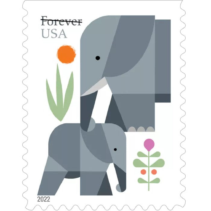 Elephants 2022 Forever Stamps — Mother and Calf, Double-Sided Booklet of 20