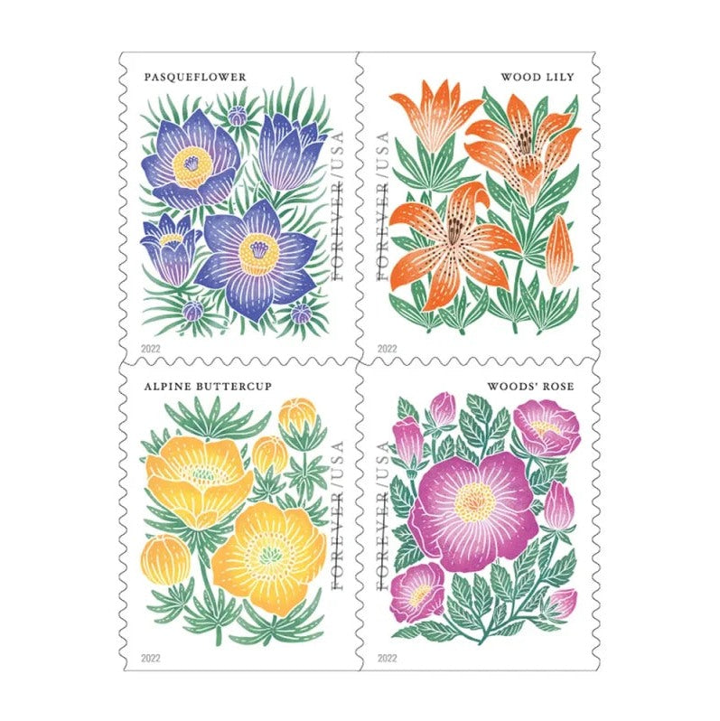 Mountain Flora 2022 Forever Stamps — Four Block-Print Wildflowers, Booklet of 20