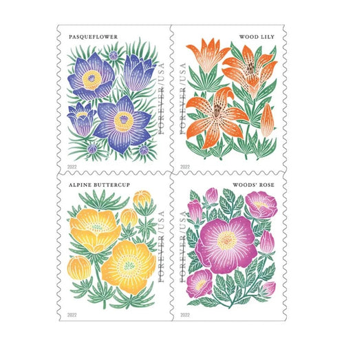 Mountain Flora 2022 Forever Stamps — Four Block-Print Wildflowers, Booklet of 20