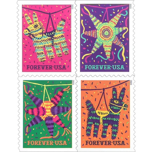 Piñatas 2023 Forever Stamps — Four Traditional Designs, Double-Sided Booklet of 20