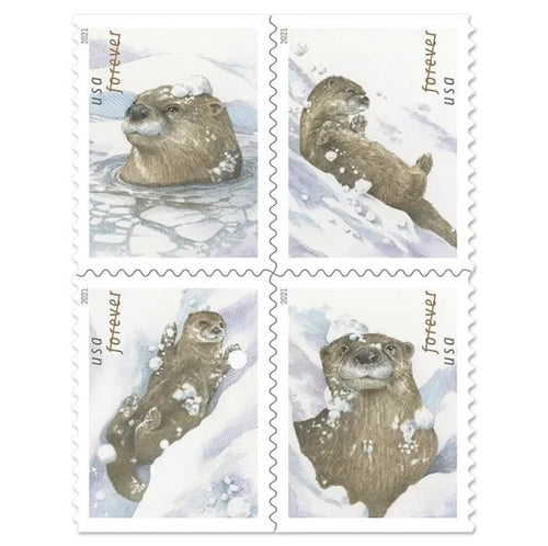 Otters in Snow 2021 Forever Stamps — Nature Issue, Double-Sided Booklet of 20