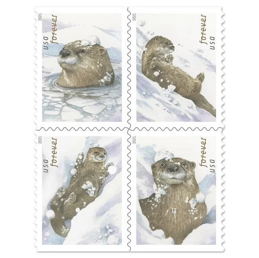 Otters in Snow 2021 Forever Stamps — Nature Issue, Double-Sided Booklet of 20