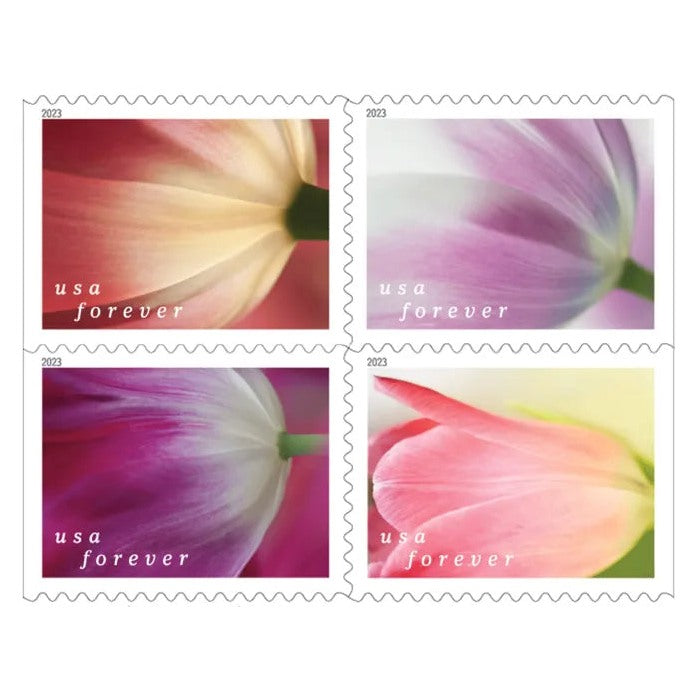 Tulip Blossoms 2023 Forever Stamps — Ten Close-Ups, Double-Sided Booklet of 20