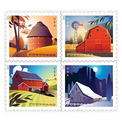 Barns 2021 Postcard Stamps — Four Seasons, Rural America Series, Pane of 20