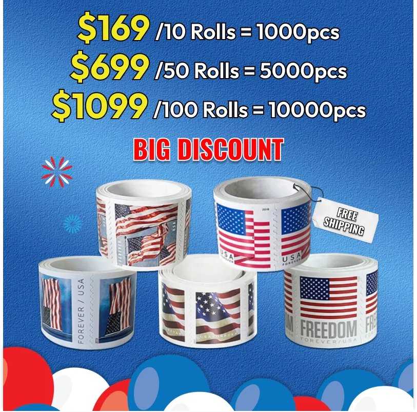 10 Coil Rolls — 1,000 US Flag Forever Stamps for $149 (2017 / 2023 / 2024 / 2025 Issues)