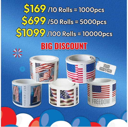10 Coil Rolls — 1,000 US Flag Forever Stamps for $149 (2017 / 2023 / 2024 / 2025 Issues)