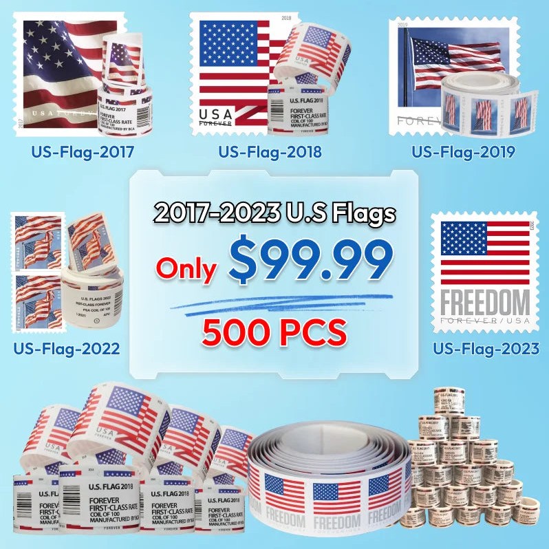 5 Coil Rolls of US Flag Forever Stamps — 500 Count, $89.99 (2017 / 2023 / 2024 / 2025 Issues)