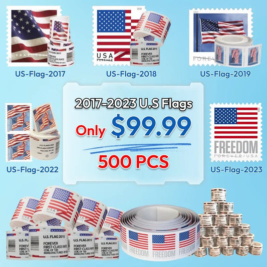 5 Coil Rolls of US Flag Forever Stamps — 500 Count, $89.99 (2017 / 2023 / 2024 / 2025 Issues)