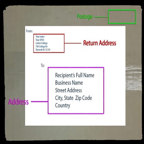 Addressing an envelope before applying postage.