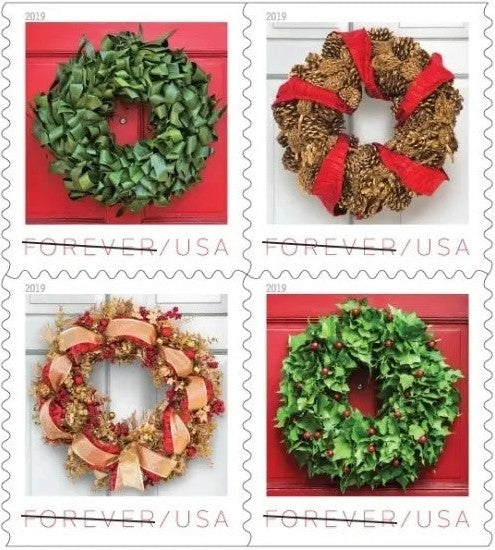Holiday Wreaths 2019 Forever Stamps — Holly and Ivy, Double-Sided Booklet of 20