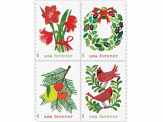 Holiday Cheer 2025 Forever Stamps — Cardinals, Wreath, Holly and Poinsettia, First-Class Postage