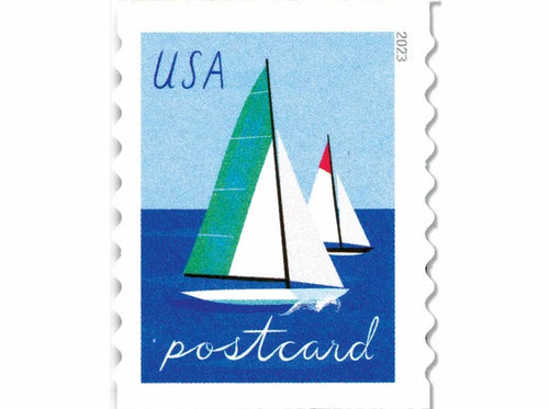 Sailboats 2023 Postcard Stamps — Two Boats, Nautical Design, Pane of 20